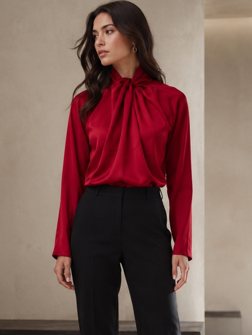 Mia Melon NWT Red Satin Tie Neck Blouse Mock Neck S